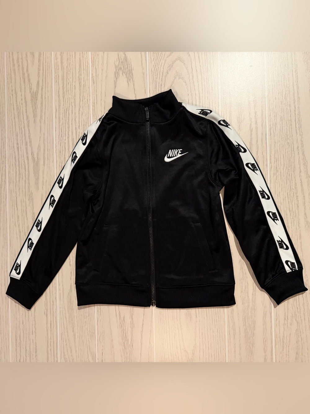 Nike Boys Size 6-7 Black Logo Tape Tricot Track Jacket Full Zip NWOT